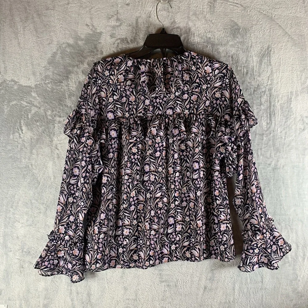 J Crew Womens Blouse Top M Floral Ruffles‎ Bell Sleeve Tie Boho Preppy Keyhole